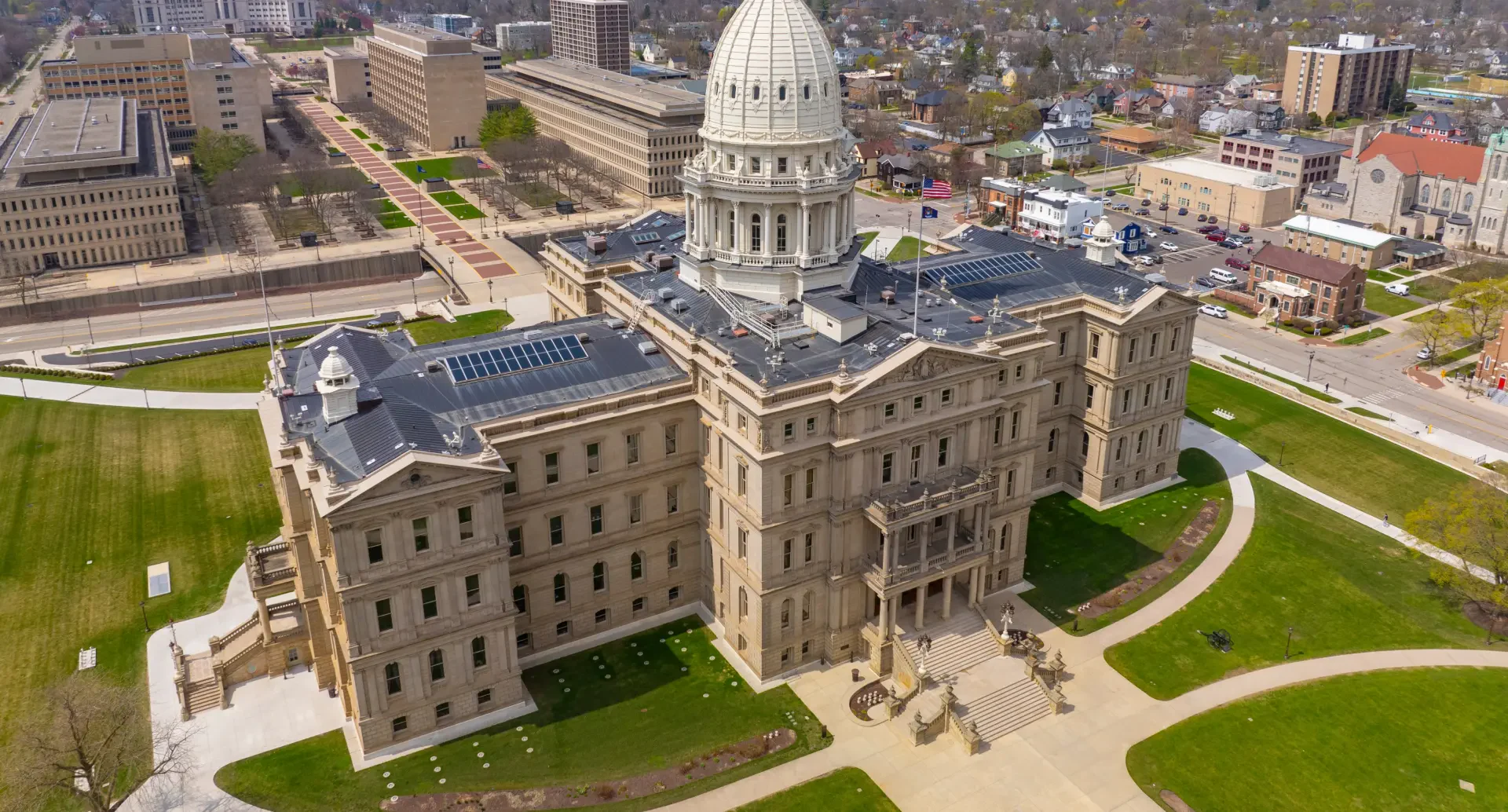 Aerial view of the Michigan State Capitol building in Lansing, Michigan.